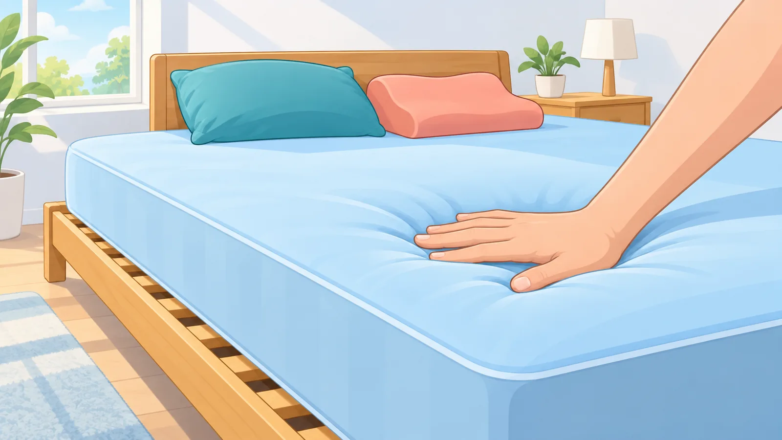 Matratze und Kissen im hellen Schlafzimmer beim Probeliegen