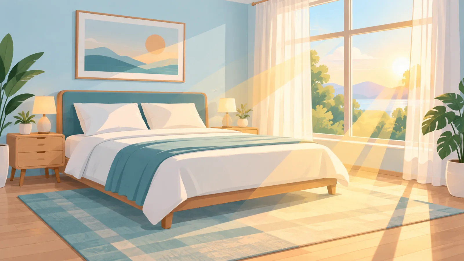 Helles, ruhiges Schlafzimmer am Morgen mit gemachtem Bett