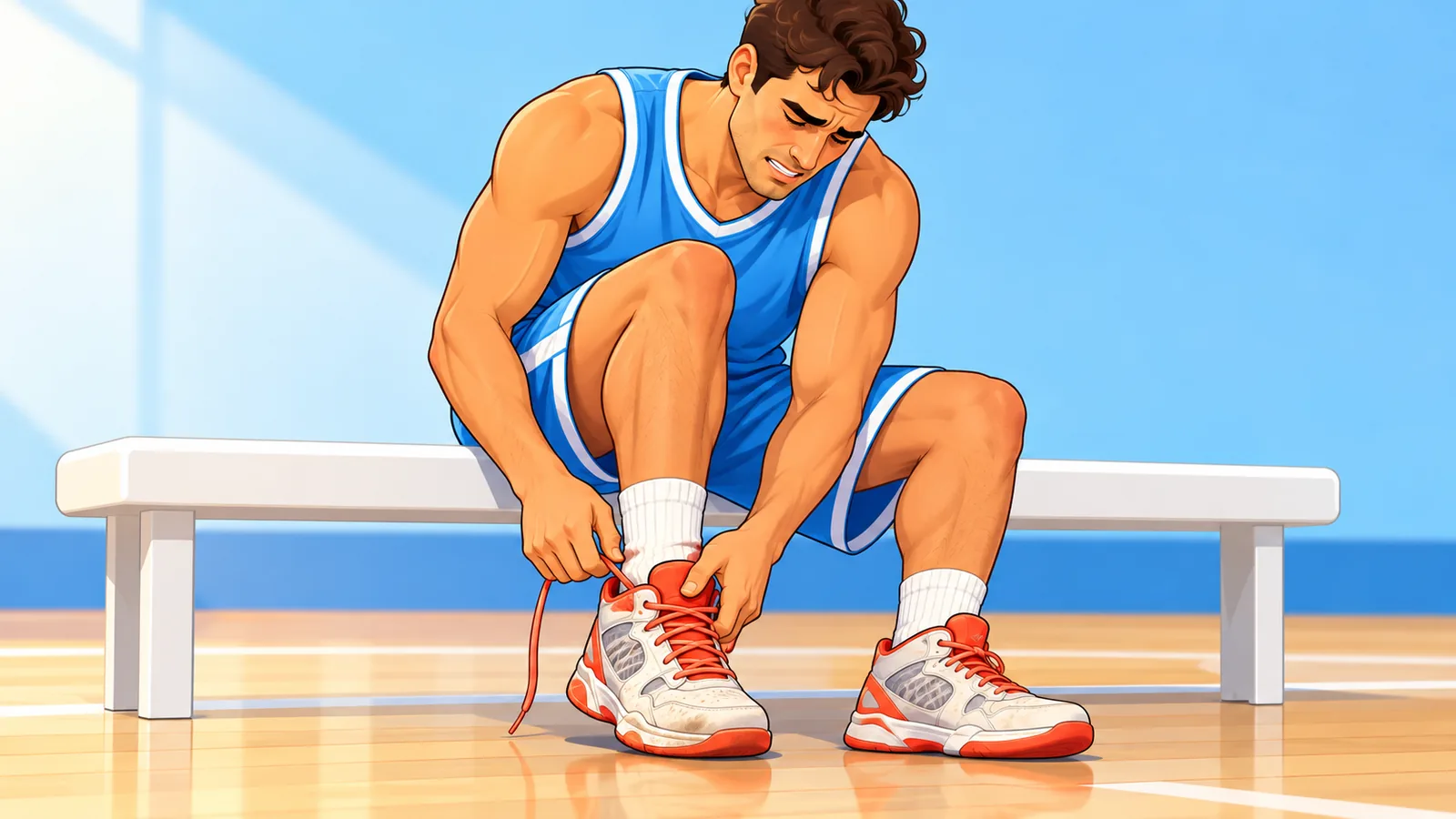 Spieler lockert beim Sitzen auf der Bank den Schnürsenkel seines Basketballschuhs