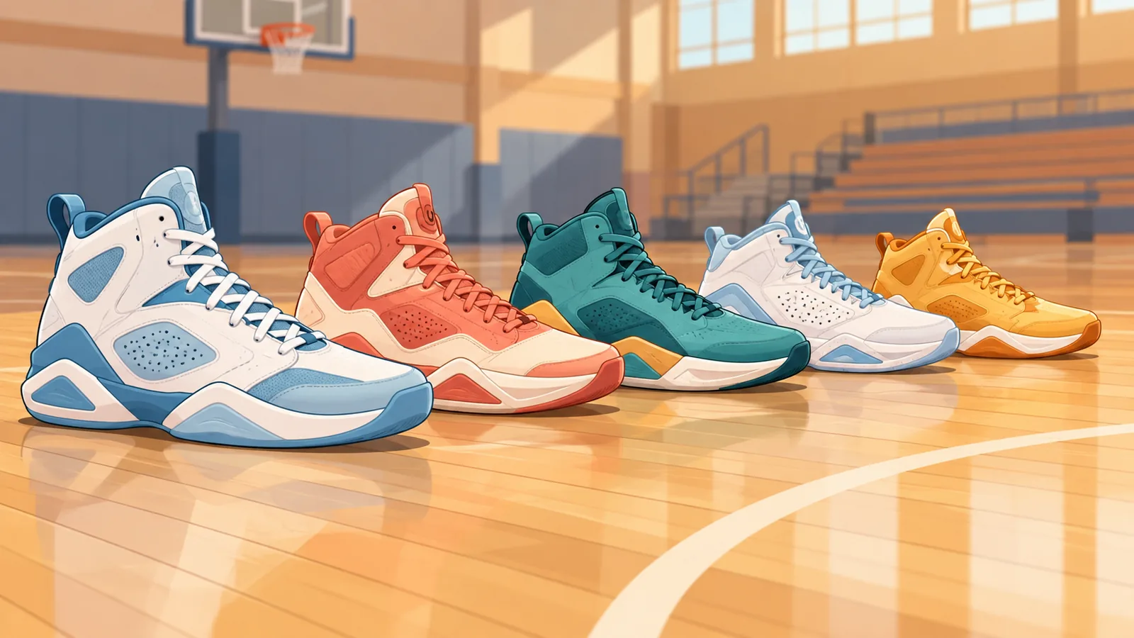 Mehrere Basketballschuhe nebeneinander auf einem Hallenboden