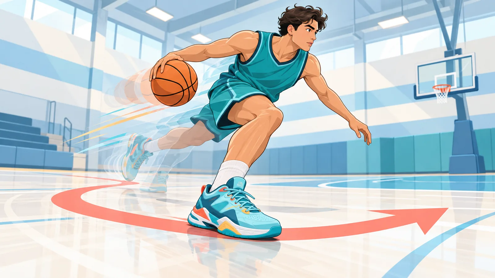 Guard dribbelt schnell mit niedrigen Basketballschuhen auf dem Hallenboden