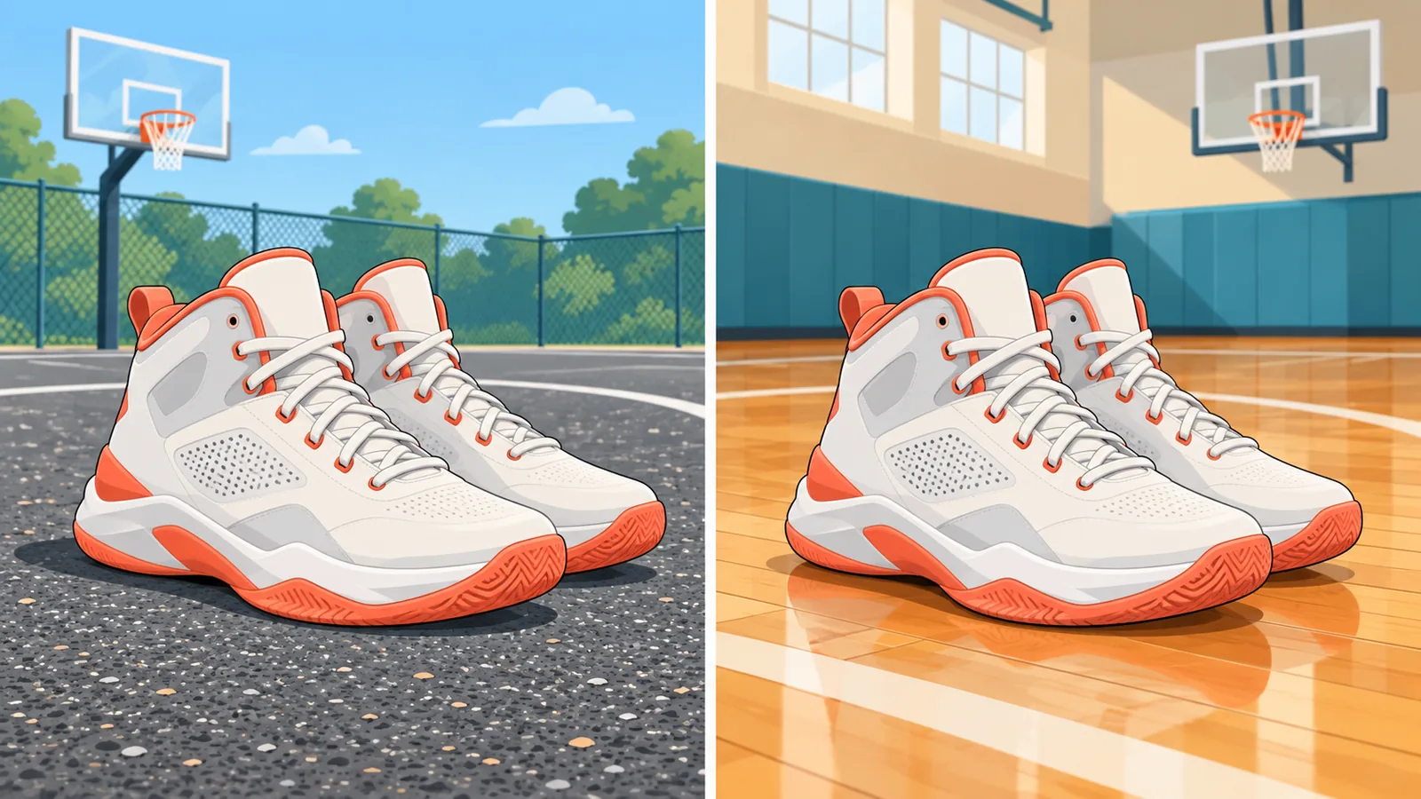 Basketballschuhe auf Asphalt im Freien neben Schuhen auf Hallenparkett