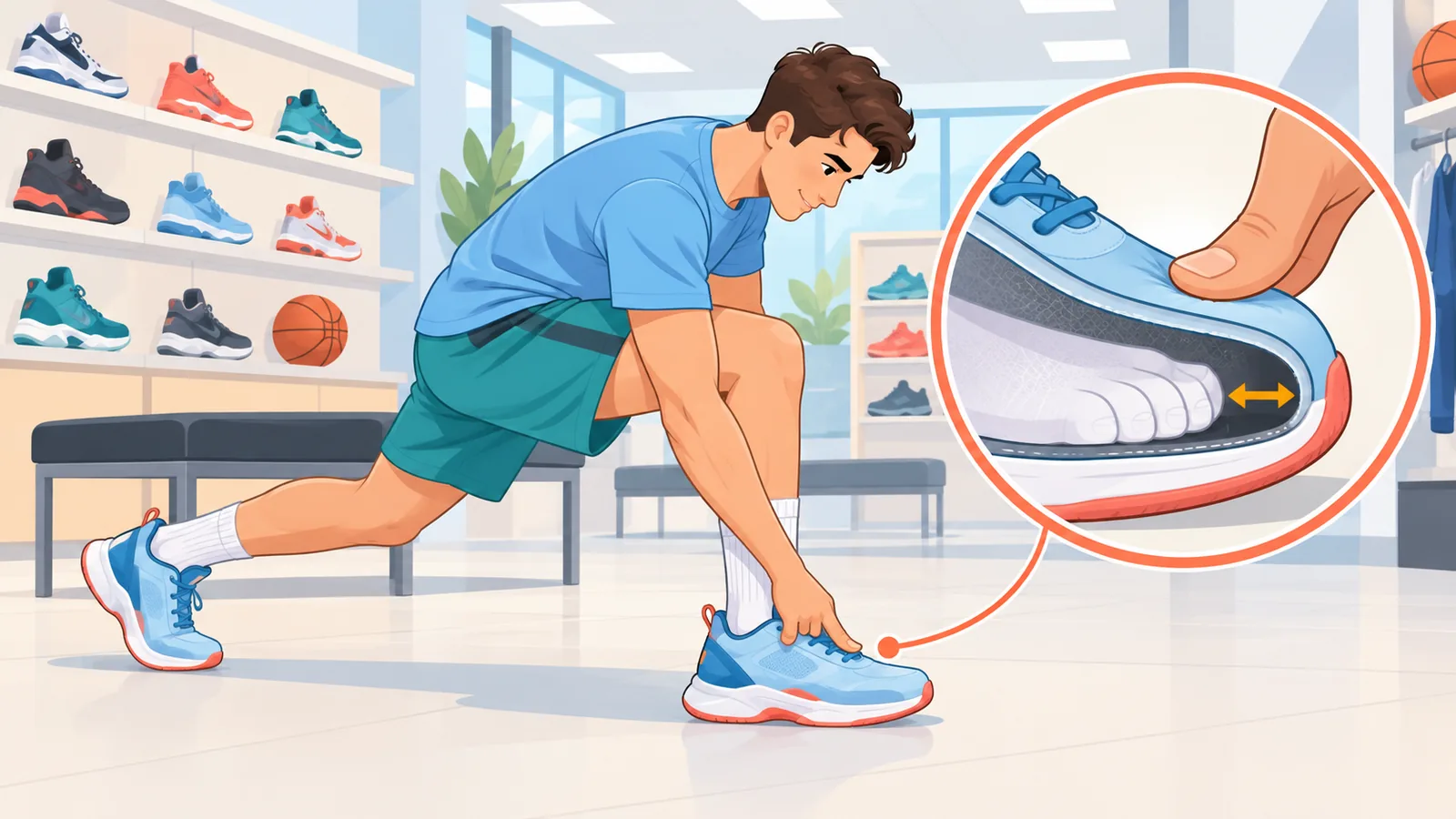 Spieler testet Basketballschuhe mit Ausfallschritt im Laden