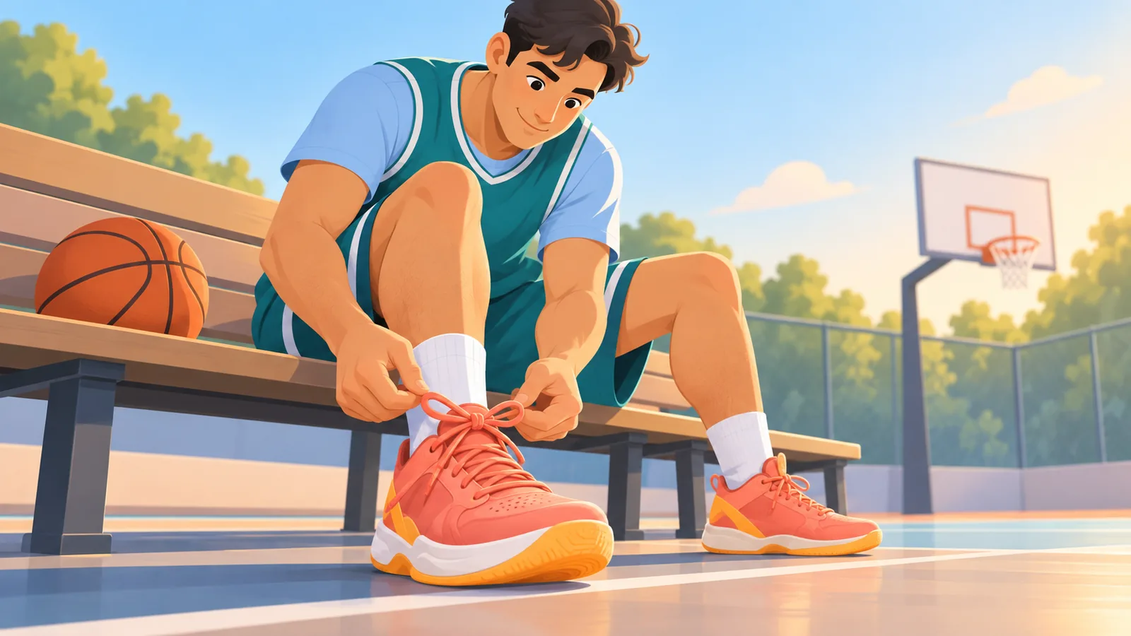 Zufriedener Spieler schnürt neue Basketballschuhe vor dem Spiel
