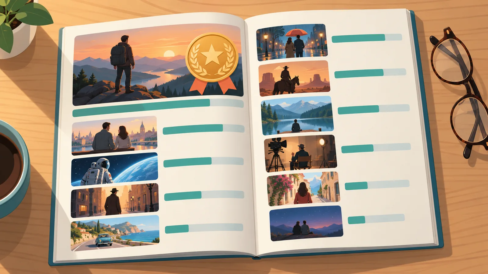 Aufgeschlagenes Magazin mit Filmranking neben einer Lesebrille