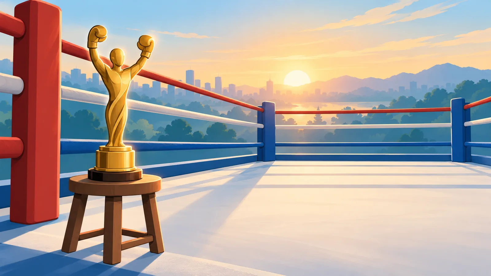 Leerer Boxring im Morgenlicht mit goldener Trophäe auf einem Hocker
