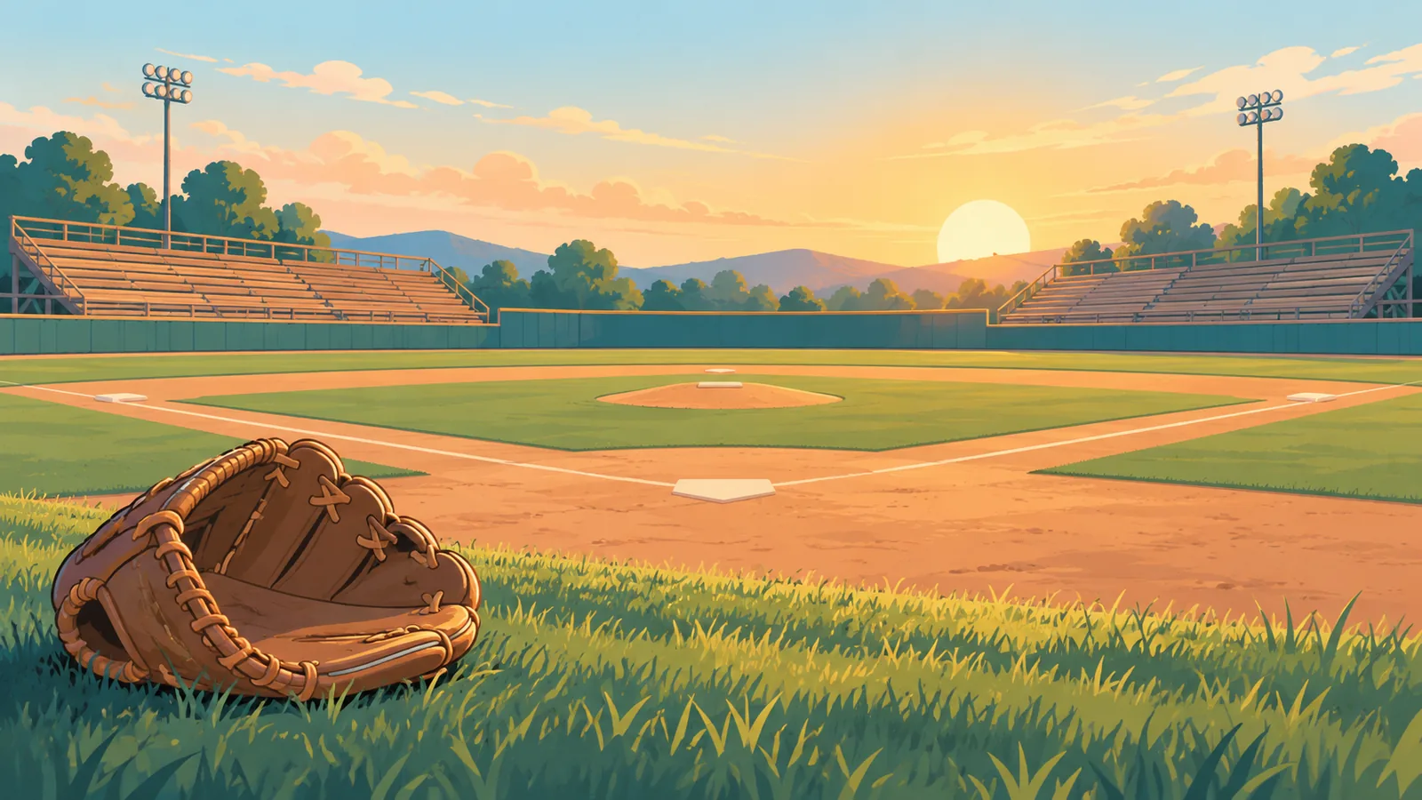 Kleines Baseballstadion bei Abendlicht mit Handschuh auf dem Rasen