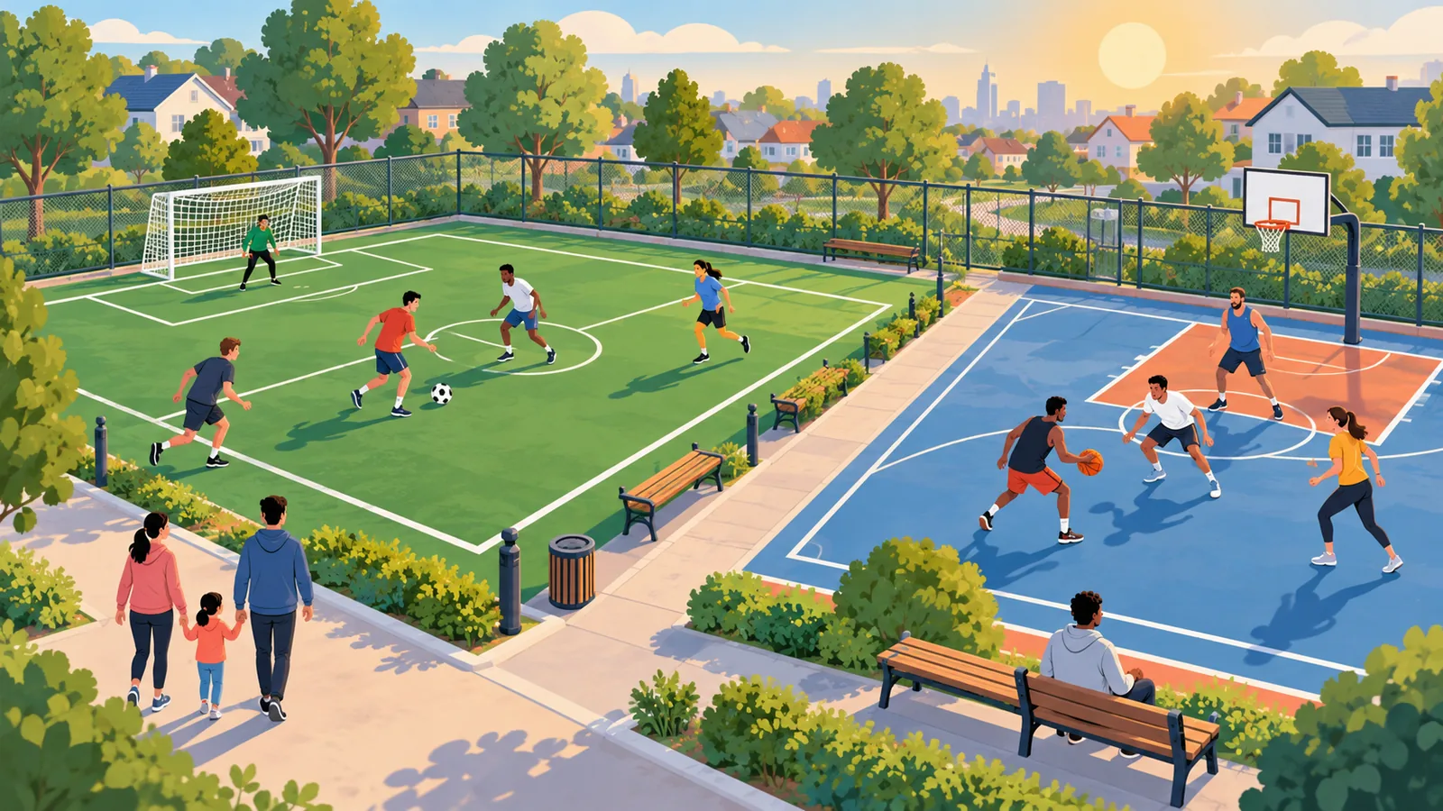 Fußballplatz und Basketballfeld nebeneinander im Nachmittagslicht