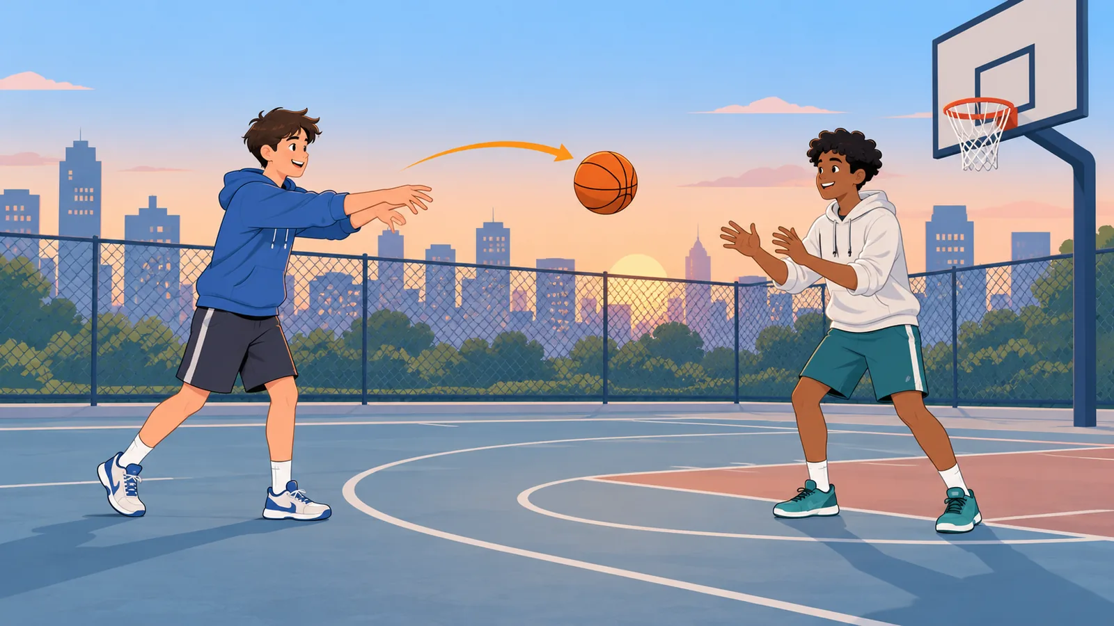 Zwei Jugendliche trainieren in der Dämmerung auf einem Basketballplatz