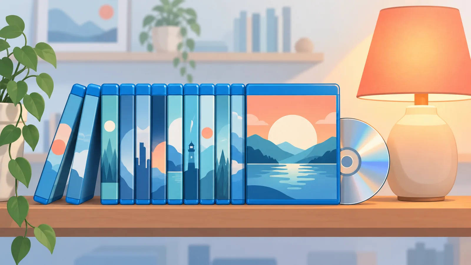 Blu-ray-Hüllen im Regal neben einer kleinen Lampe