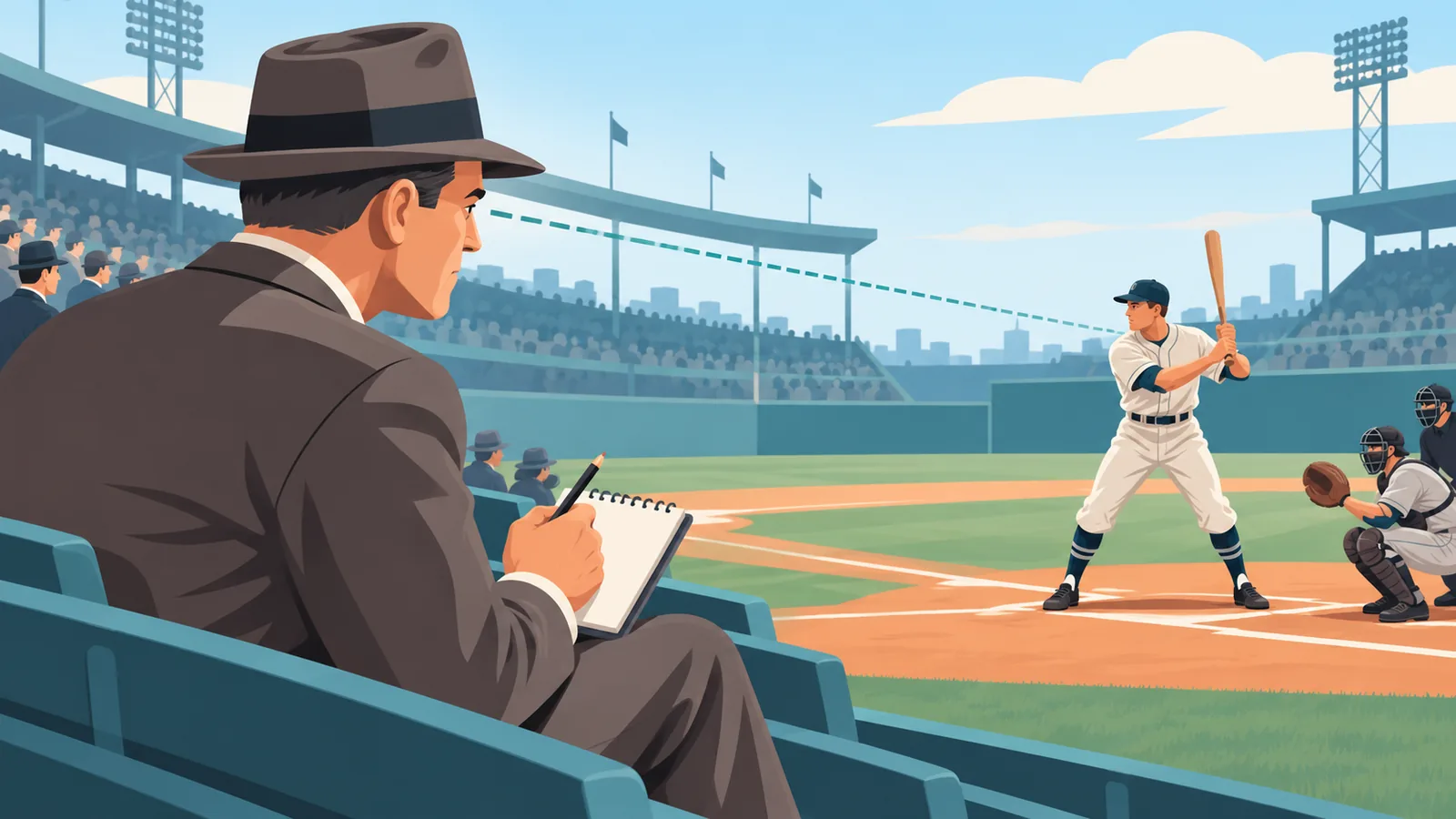 Schwarzweißbild eines Baseball-Scouts, der einen jungen Spieler von der Tribüne beobachtet