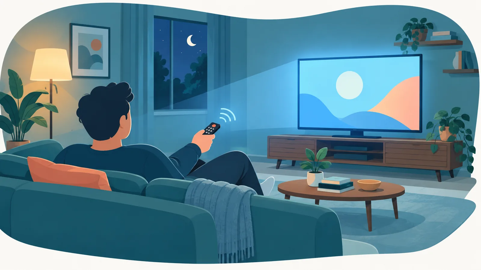 Person auf dem Sofa mit Fernbedienung vor einem leuchtenden Fernseher