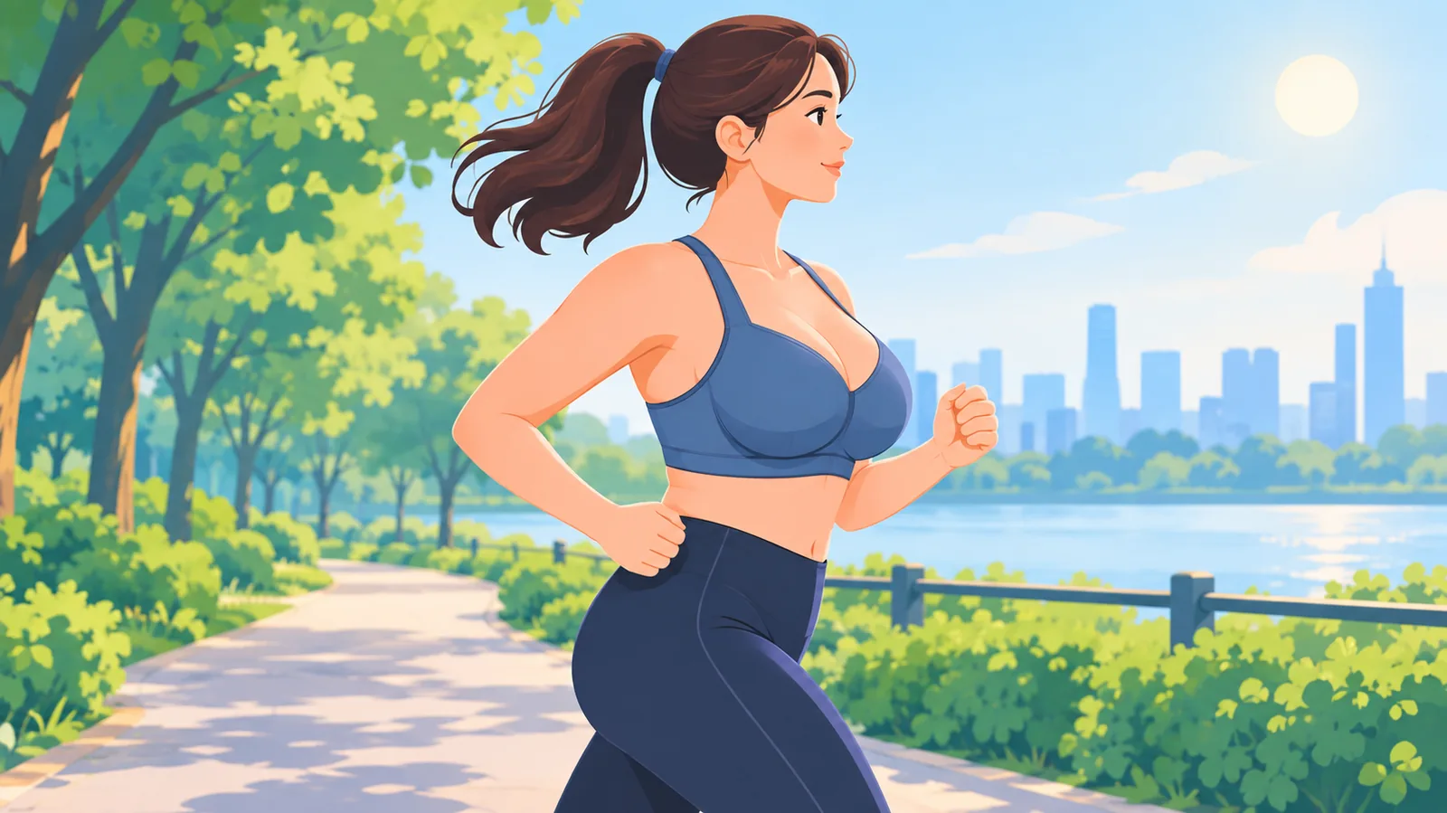 Frau beim Joggen im Park mit gut sitzendem Sport-BH