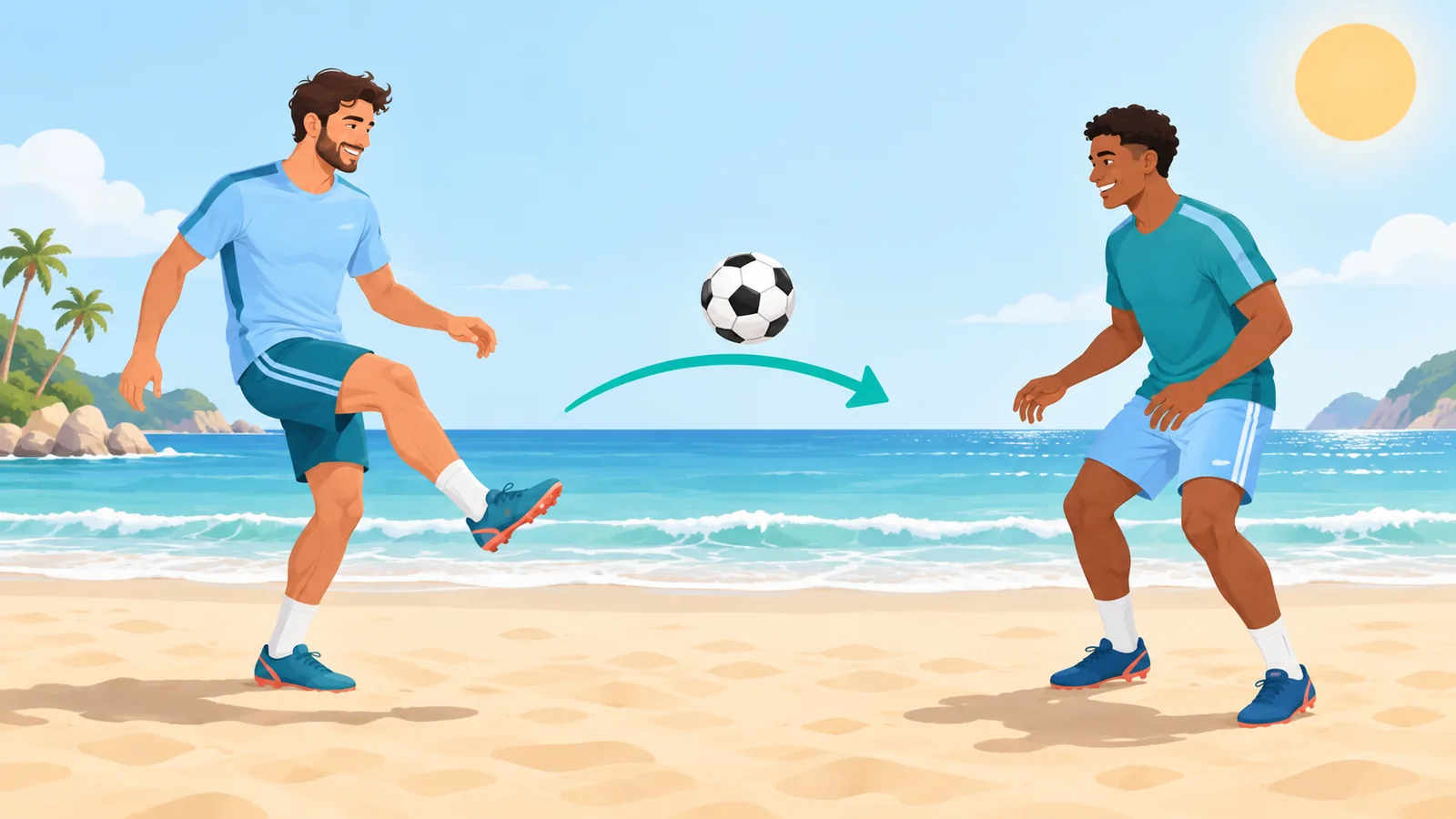 Zwei Spieler jonglieren am Strand