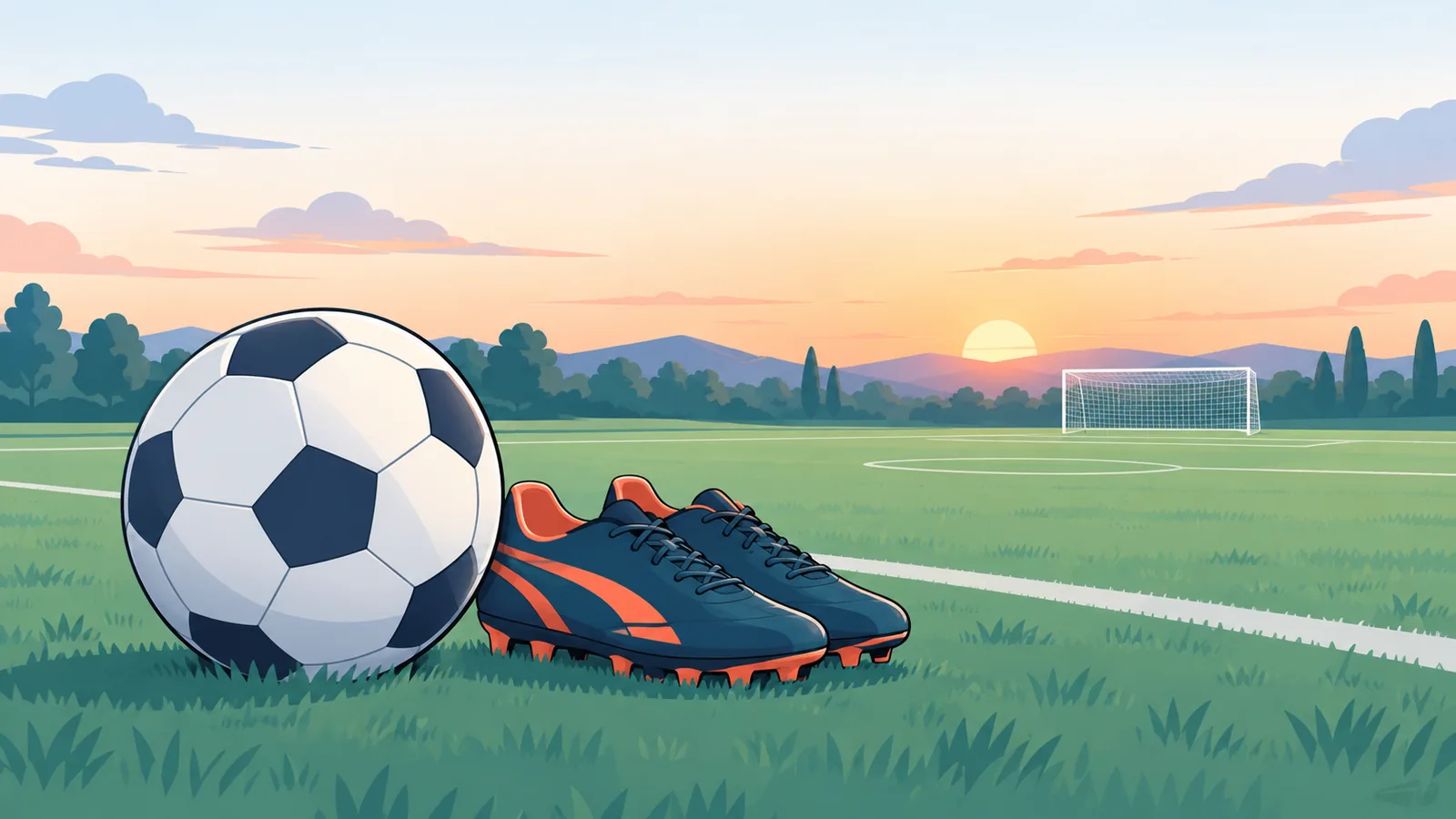 Ball und Fußballschuhe auf leerem Platz