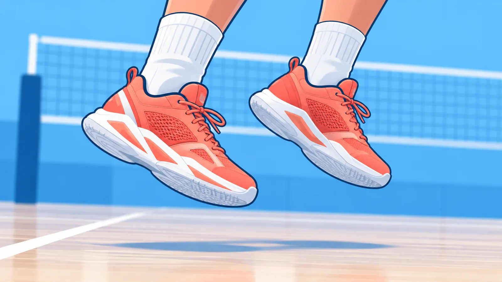 Sportler beim Sprung in der Halle, Blick auf Schuhe und Sprunggelenke