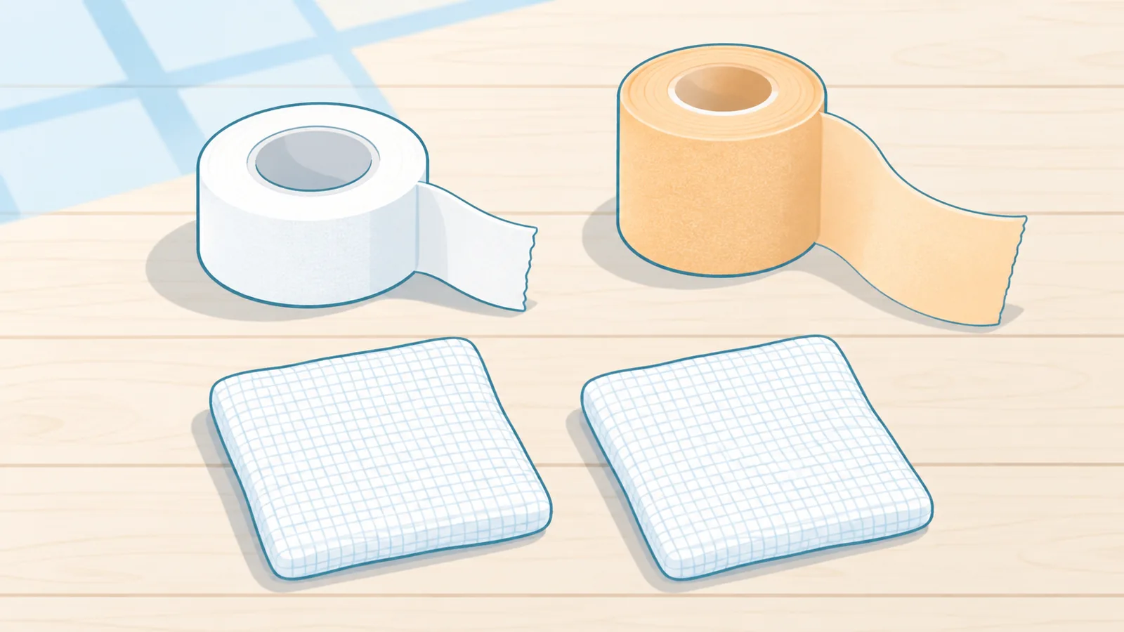 Sporttape, Unterzugband und Pads auf einem Holztisch