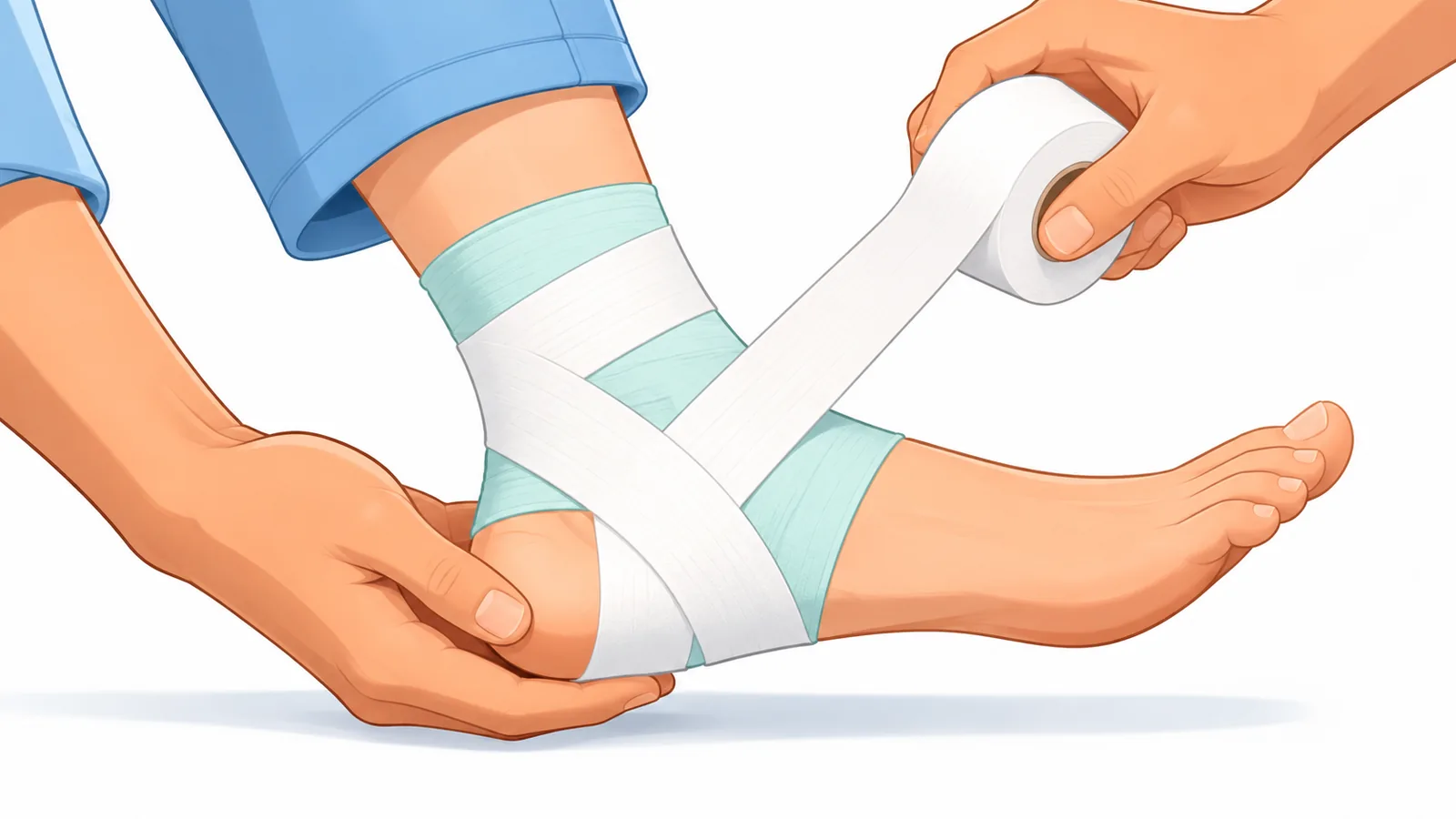 Hände legen Sporttape um ein Sprunggelenk mit Unterzugband