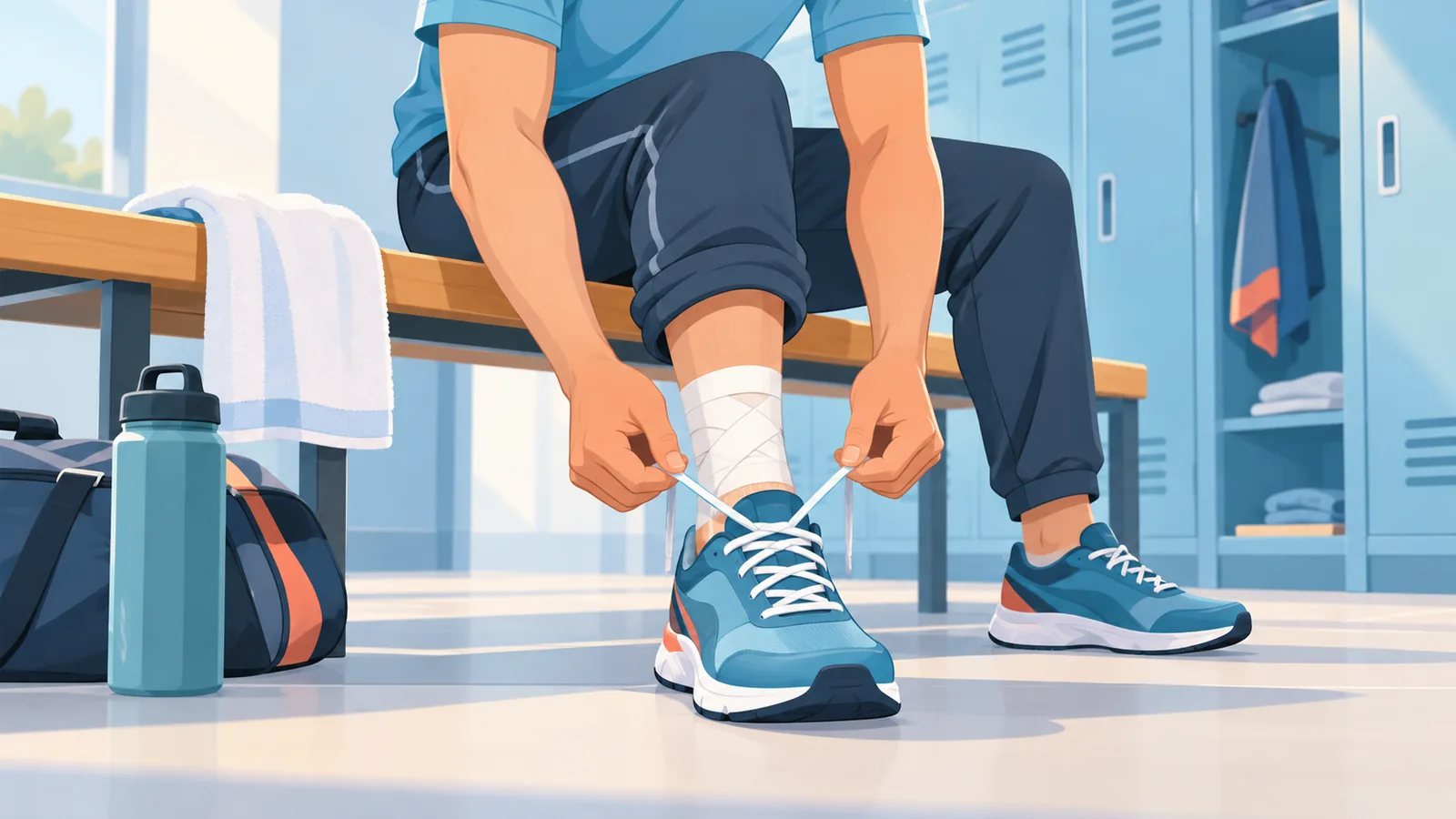 Sportler schnürt den Schuh über einem getapten Sprunggelenk