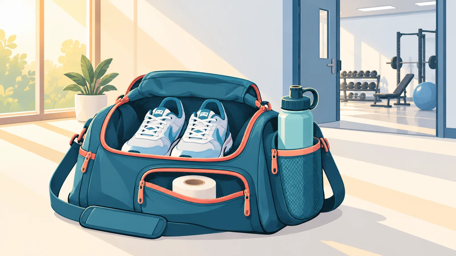 Gepackte Sporttasche mit Tape und Sportschuhen