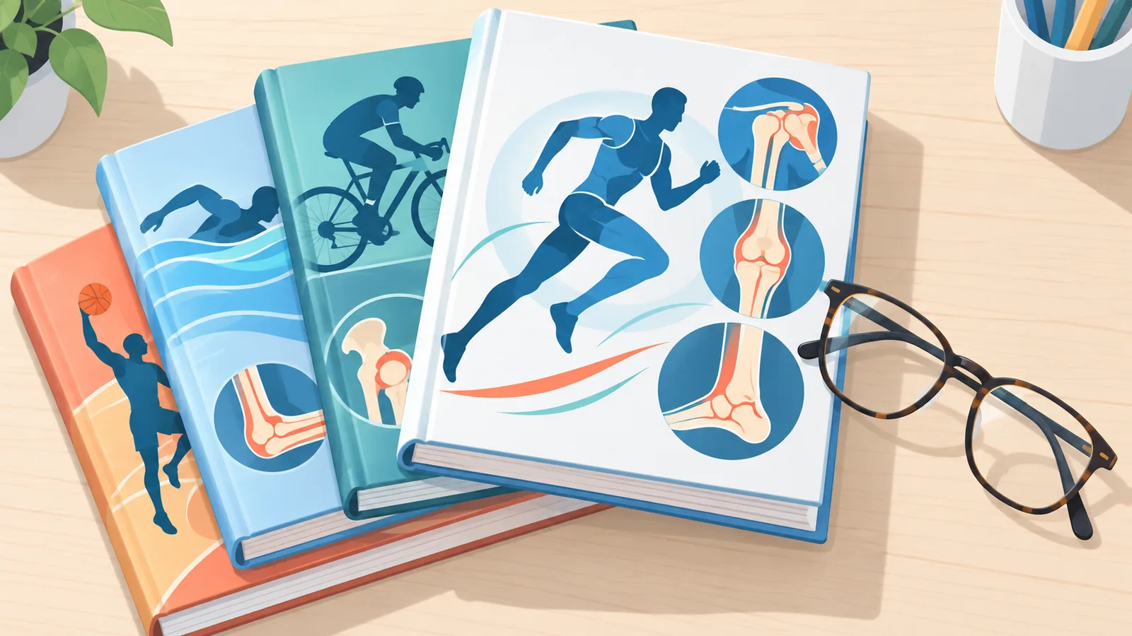 Stapel gedruckter Leitfäden zur Sportmedizin auf einem Schreibtisch