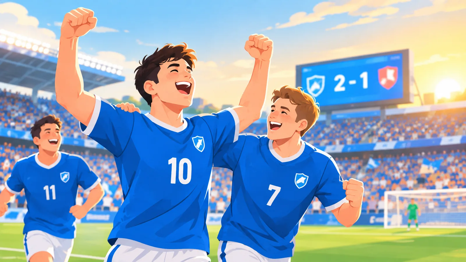 Spieler jubeln nach einem Treffer, im Hintergrund die Anzeigetafel
