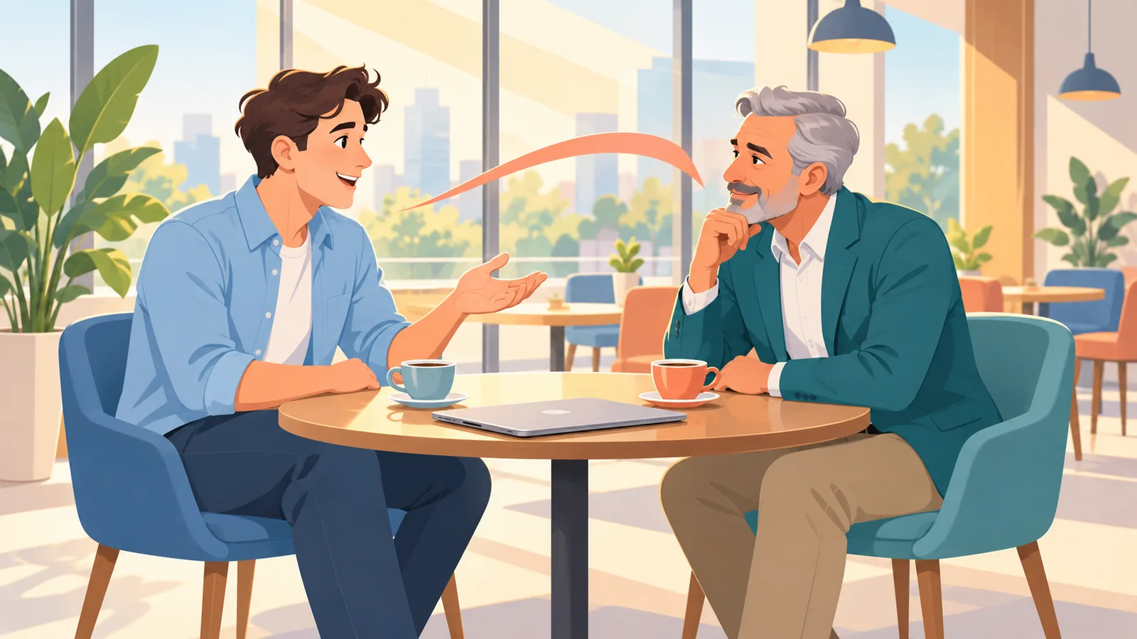 Gründer im Gespräch mit einem erfahrenen Geldgeber in einem Café
