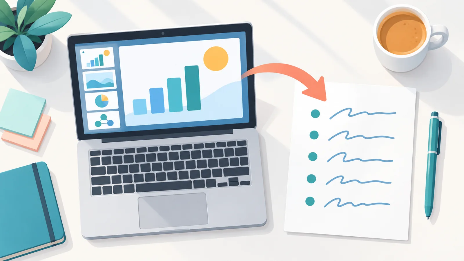 Pitch-Deck auf dem Laptop neben einer handgeschriebenen Investorenliste