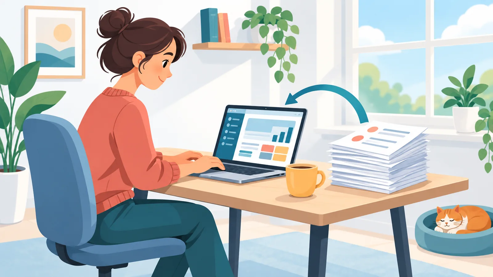 Selbstständige Person im Homeoffice mit Laptop und Rechnungen