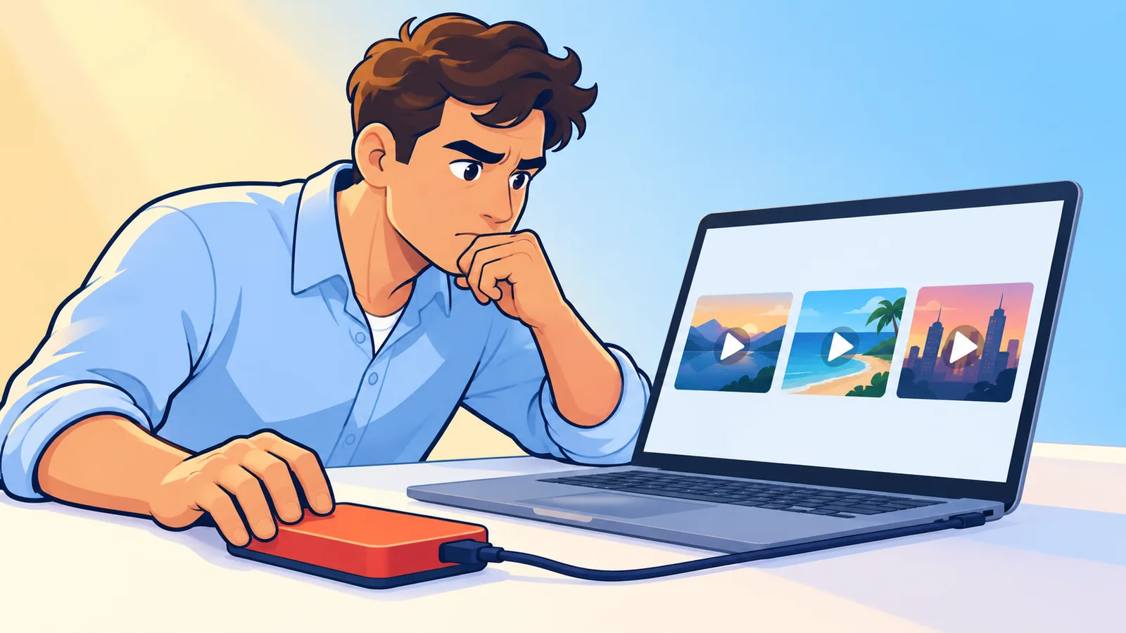 Arbeitsplatz mit Laptop, Festplatte und Video-Vorschaubildern