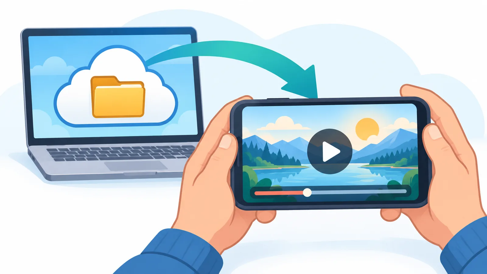 Smartphone mit Videoplayer vor einem Laptop mit Cloud-Ordner