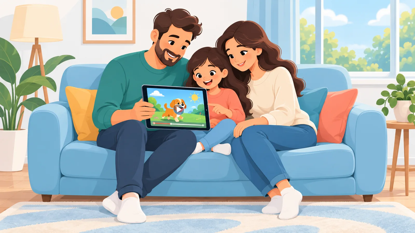 Familie schaut gemeinsam ein Video auf dem Tablet
