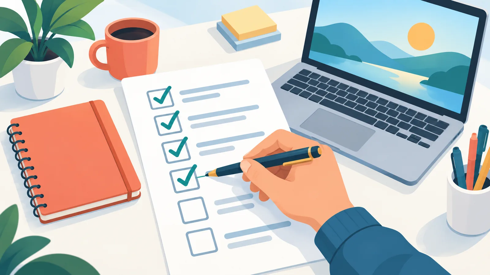 Checkliste mit Haken neben Laptop und Notizbuch
