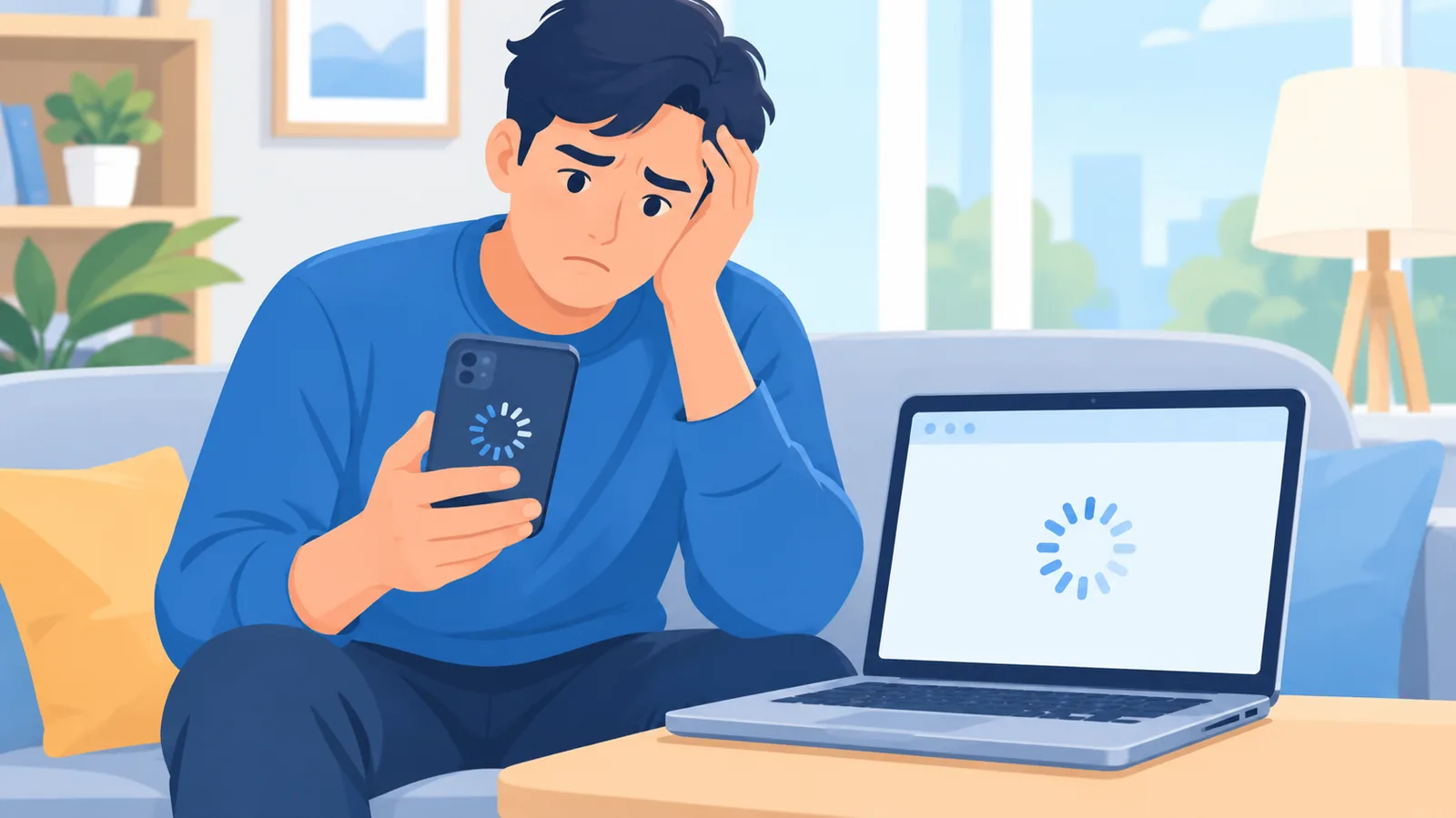 Person auf dem Sofa mit Smartphone und Laptop, beide zeigen einen Ladekreis