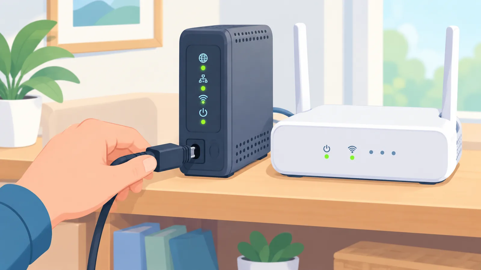 Hand steckt das Stromkabel in ein Modem neben einem WLAN-Router