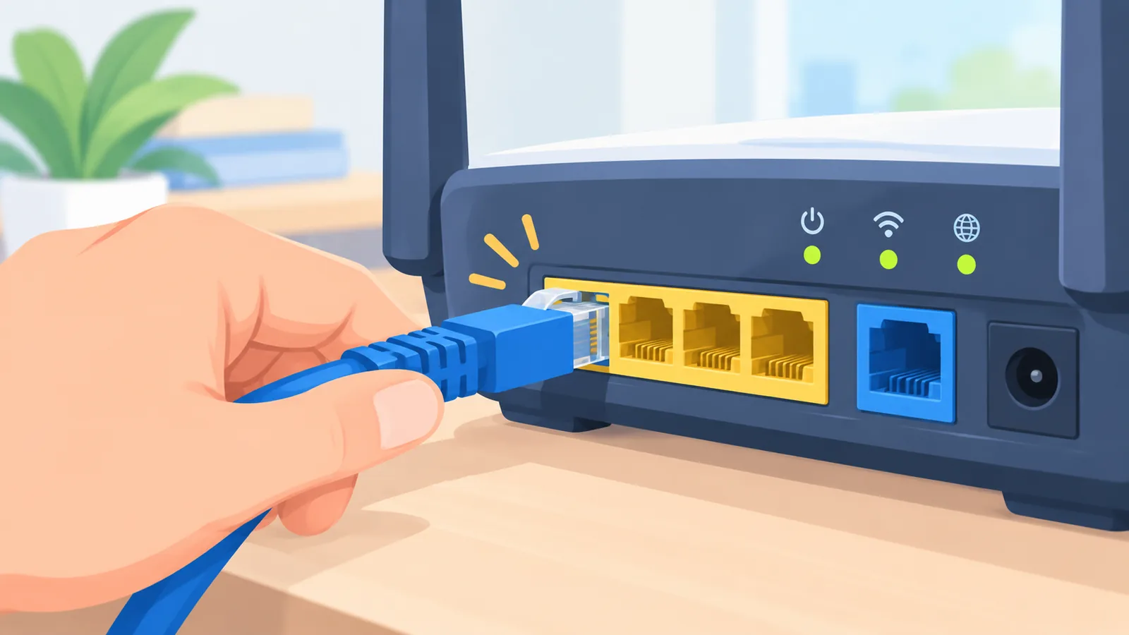 LAN-Kabel wird fest in den Anschluss eines Routers gesteckt