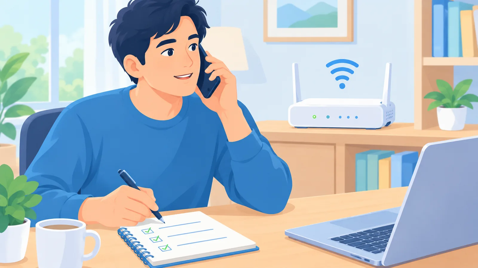 Person telefoniert mit dem Anbieter und hat Notizen vor sich