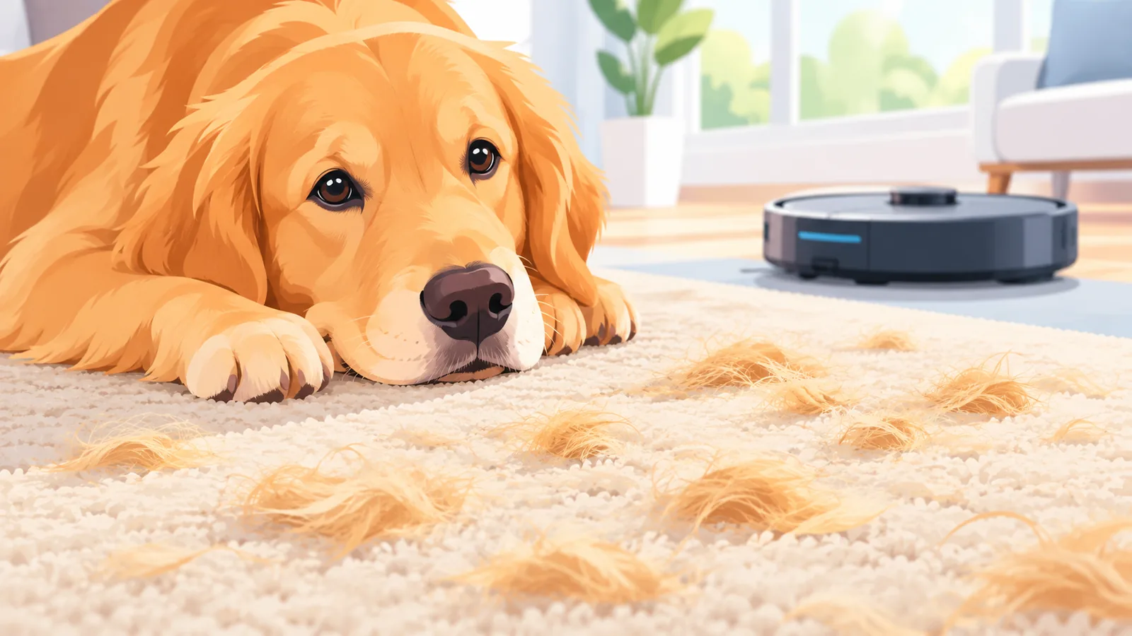 Hundehaare auf einem hellen Teppich mit Saugroboter im Hintergrund