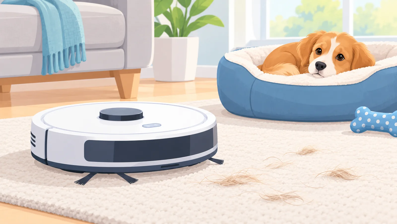 Kompakter Saugroboter auf einem Teppich neben einem Hundebett
