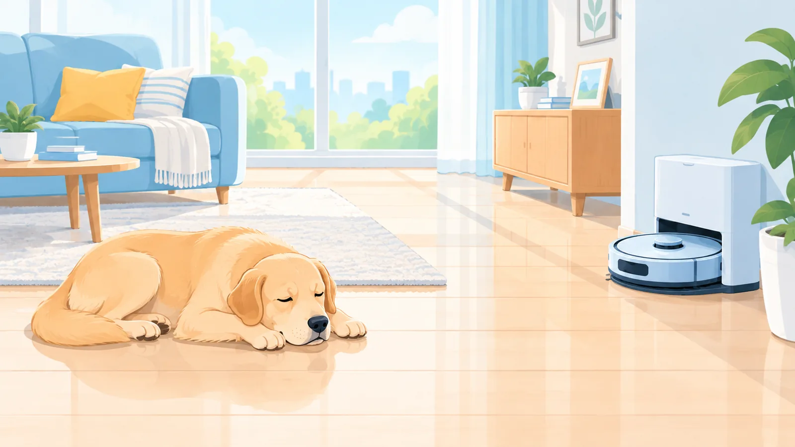 Beagle schnuppert an einem Saugroboter neben einem Spielzeug