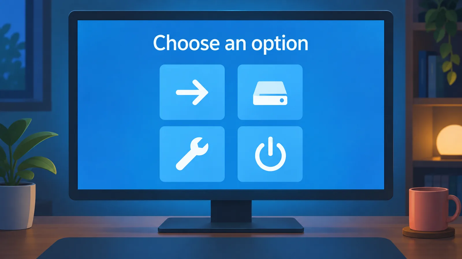 Blaues Wiederherstellungsmenü der Windows-Wiederherstellungsumgebung auf einem Monitor