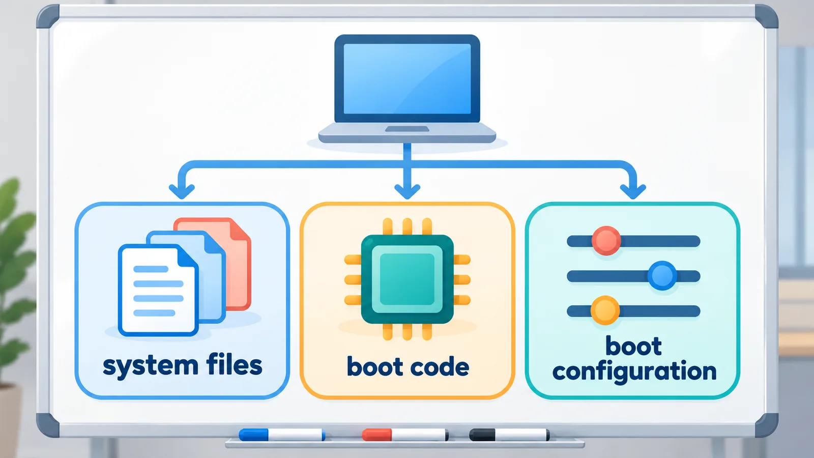 Whiteboard-Skizze mit drei Fehlerarten: Systemdateien, Startcode und Startkonfiguration