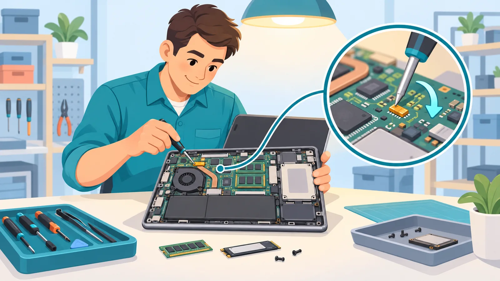 Techniker prüft ein Notebook in einer Werkstatt