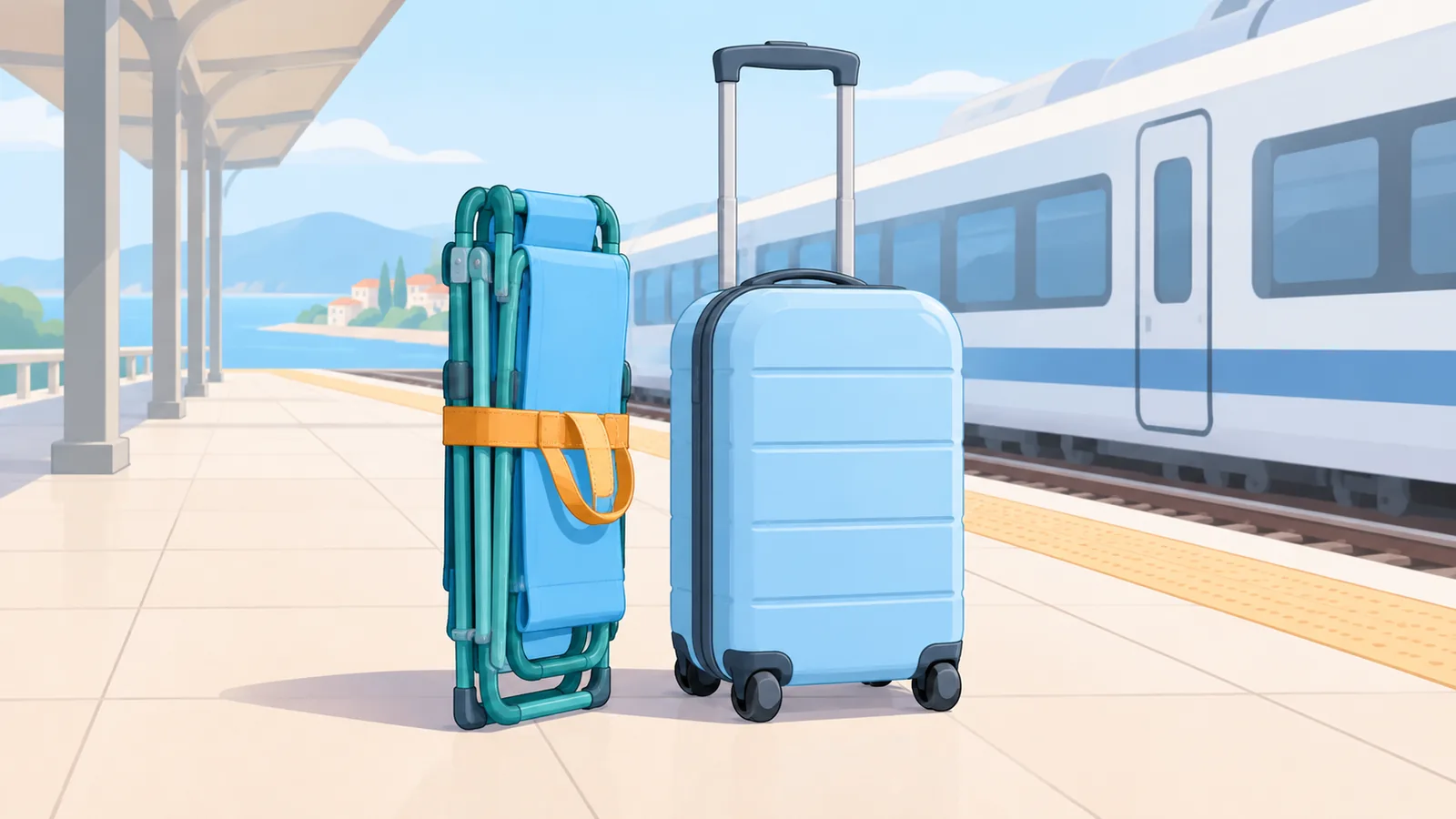 Leichter Strandstuhl mit kleinem Packmaß neben Reisegepäck