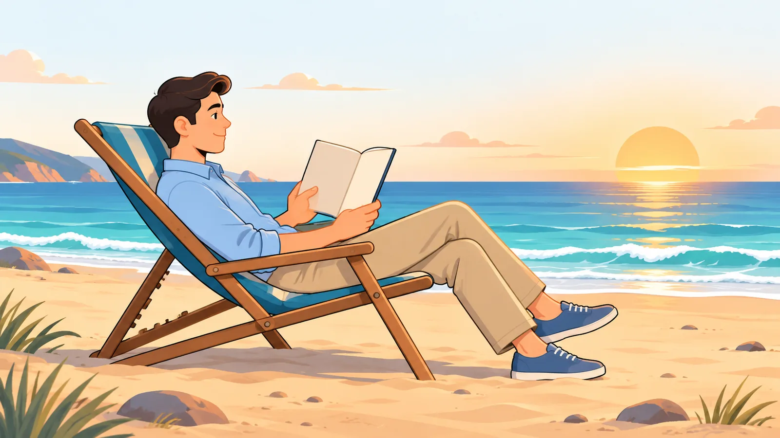 Verstellbarer Strandstuhl in Liegeposition beim Lesen