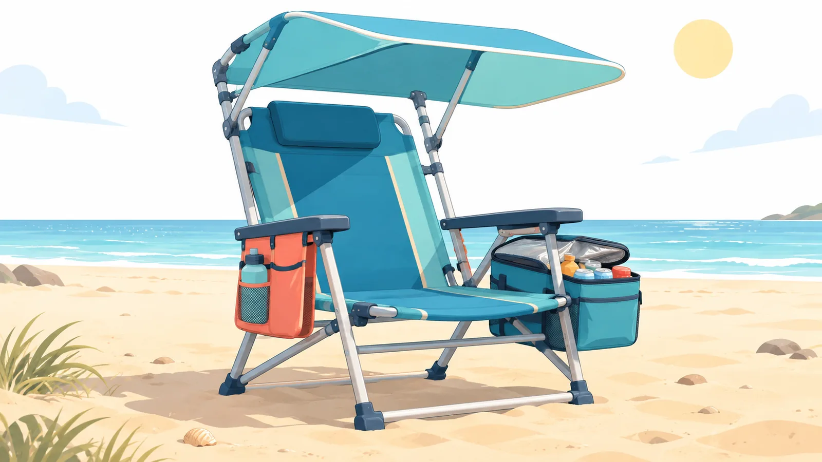 Strandstuhl mit Sonnendach und Kühltasche