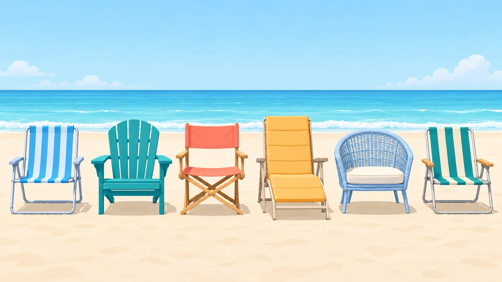 Vergleich verschiedener Strandstuhltypen nebeneinander