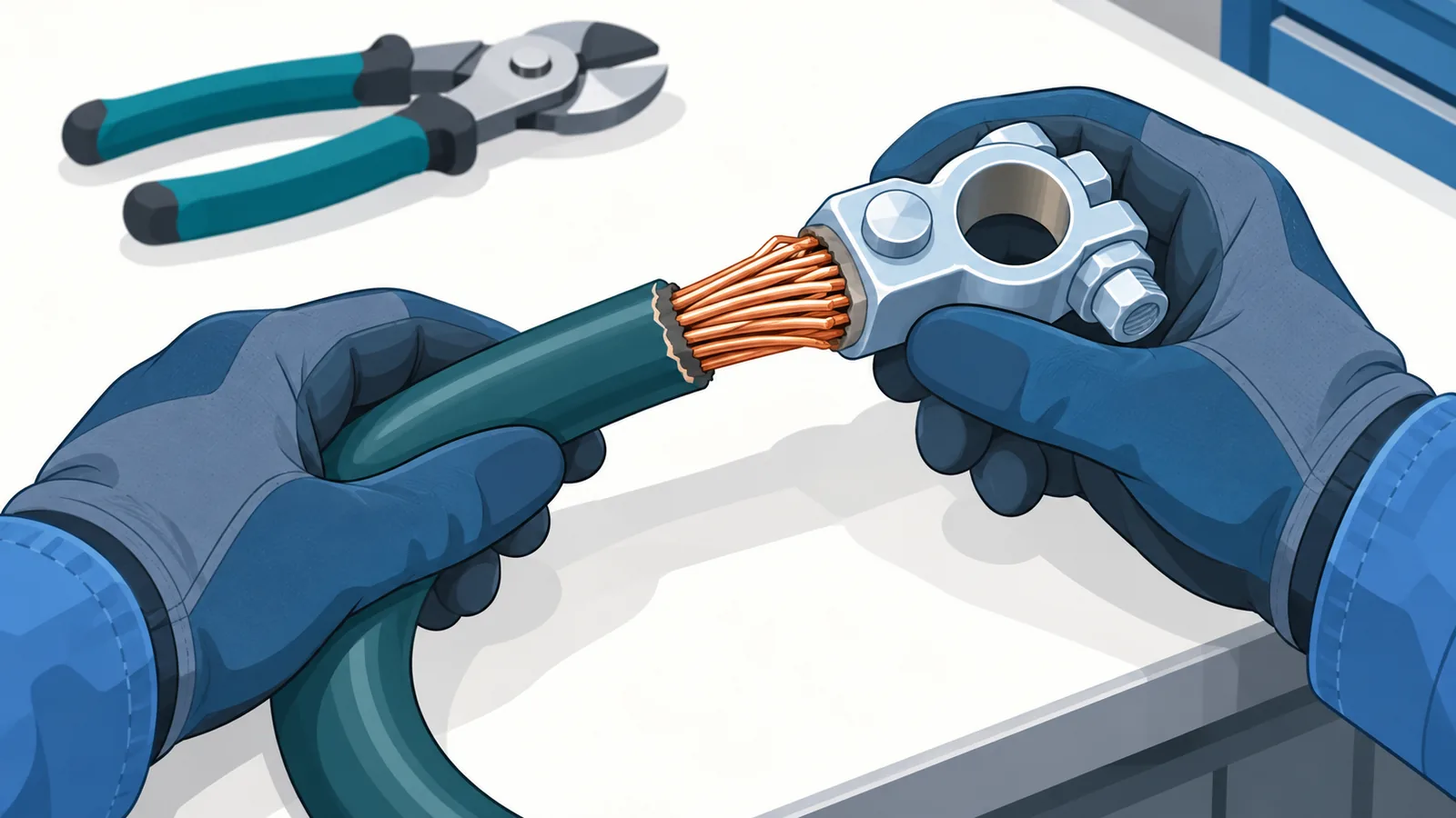 Gloved hands inspecting a battery cable before cutting