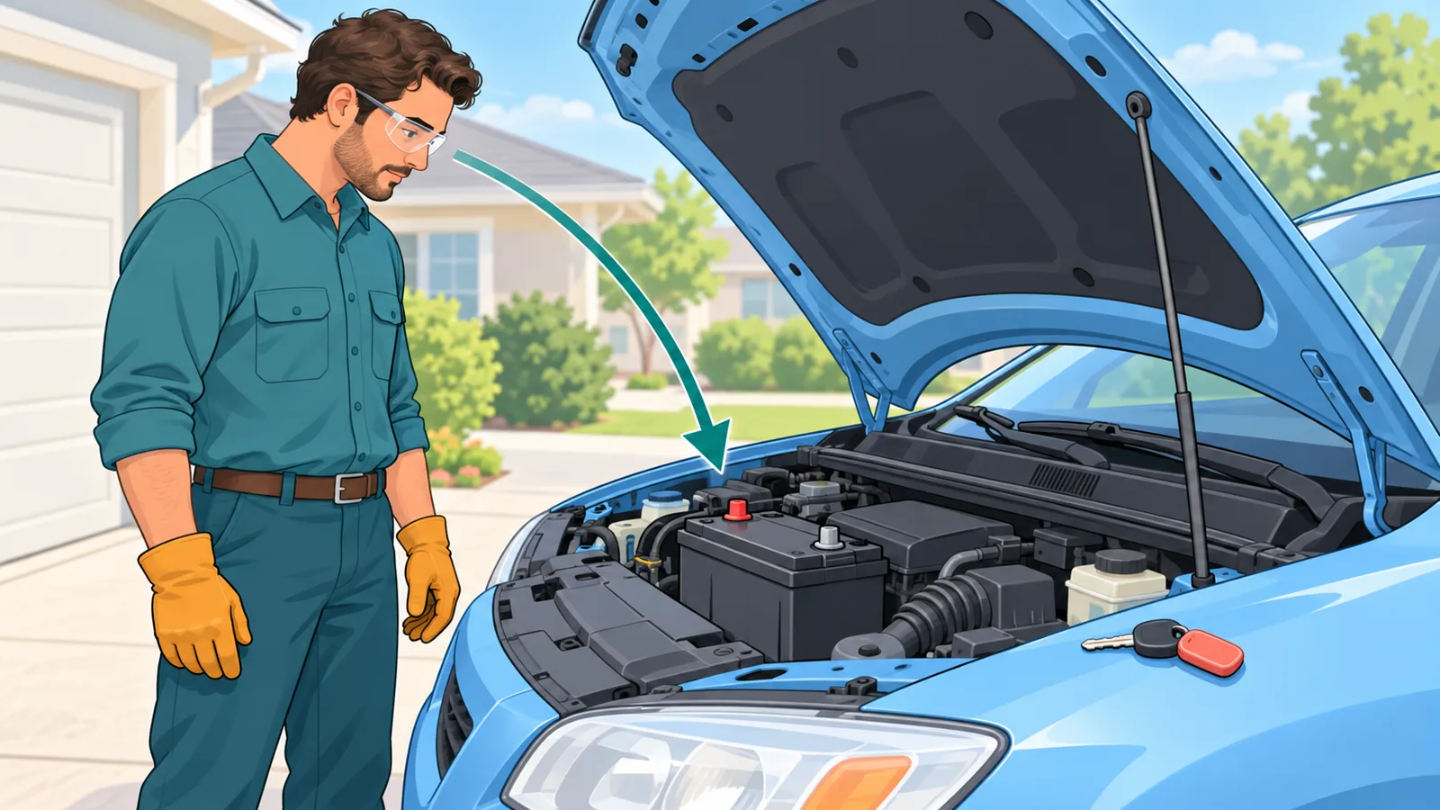 Person in safety gear preparing to work on a car battery
