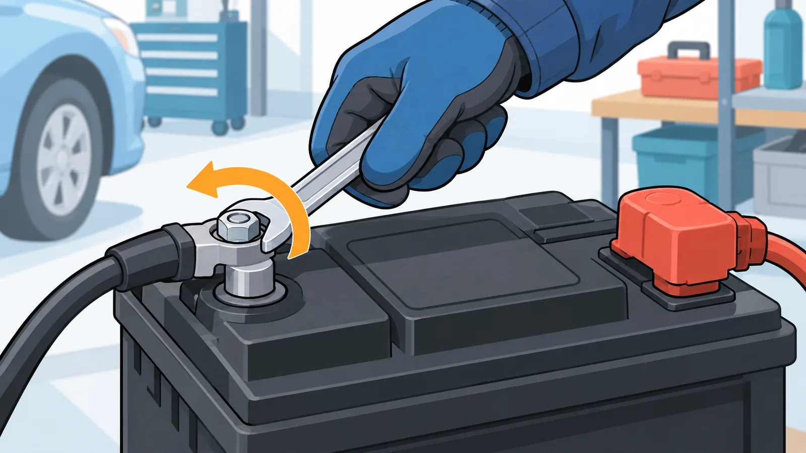 Loosening the negative battery cable with a wrench